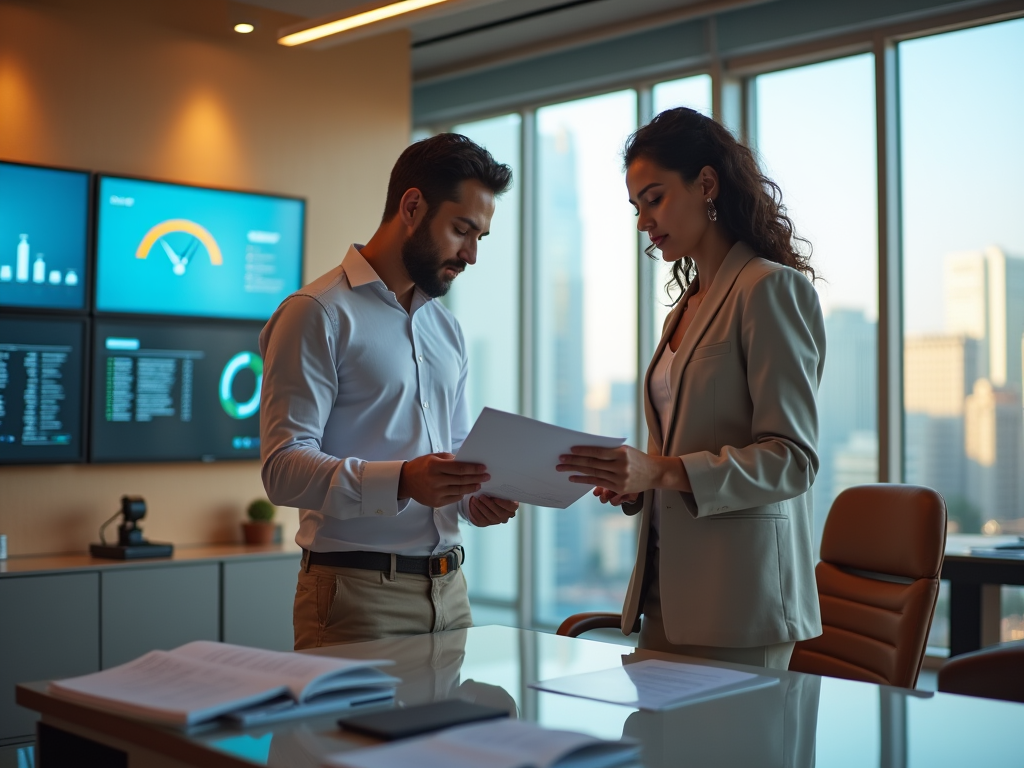 Two professionals discussing documents in a modern office with digital data screens and cityscape.