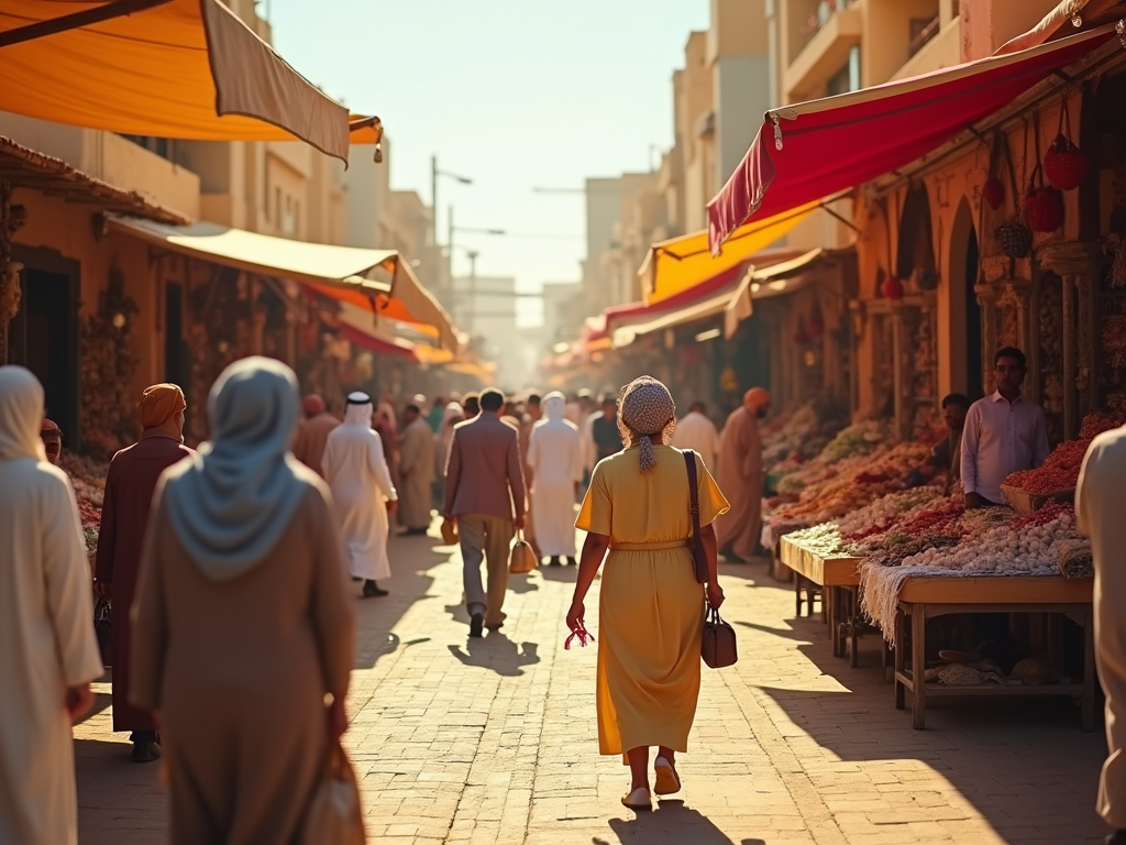 Bustling market street with people shopping and colorful stalls under orange awnings.