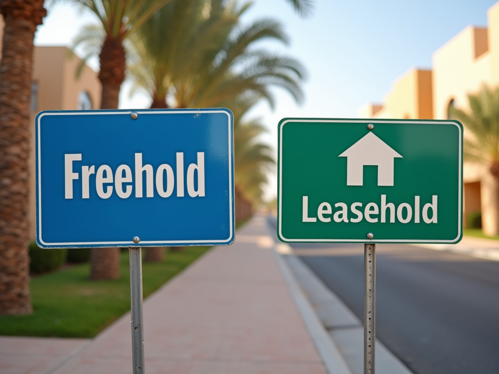 Two signs show property types: one blue labeled "Freehold" and one green labeled "Leasehold," set against palm trees.