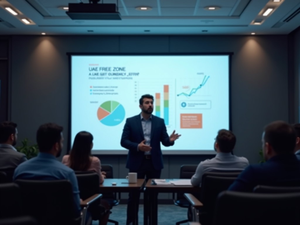 Man presenting a business slide about UAE Free Zones to colleagues in a modern conference room.