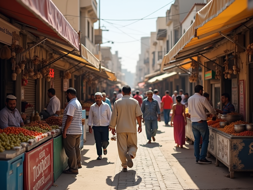 Bustling street market scene with multiple vendors and customers under awnings, selling fruits and spices.