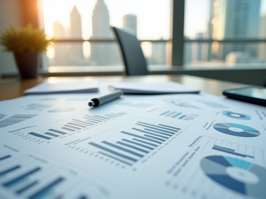 Office desk with financial charts, pen, and a city skyline in the background at sunset.