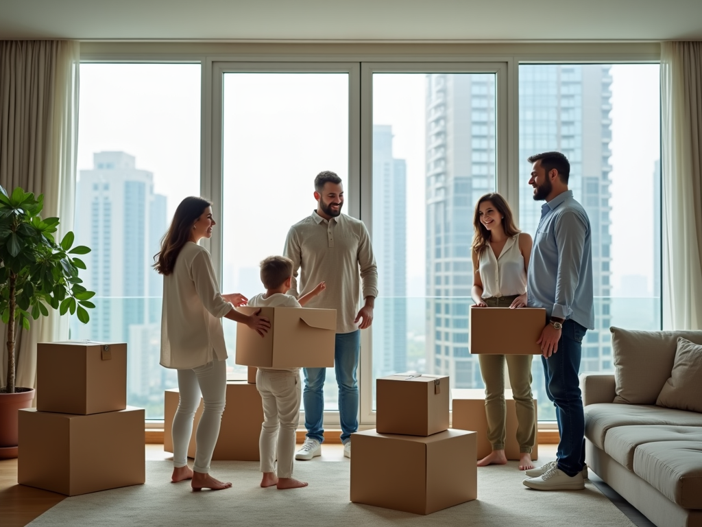 Family moving in, carrying boxes in a new home with cityscape through the window.