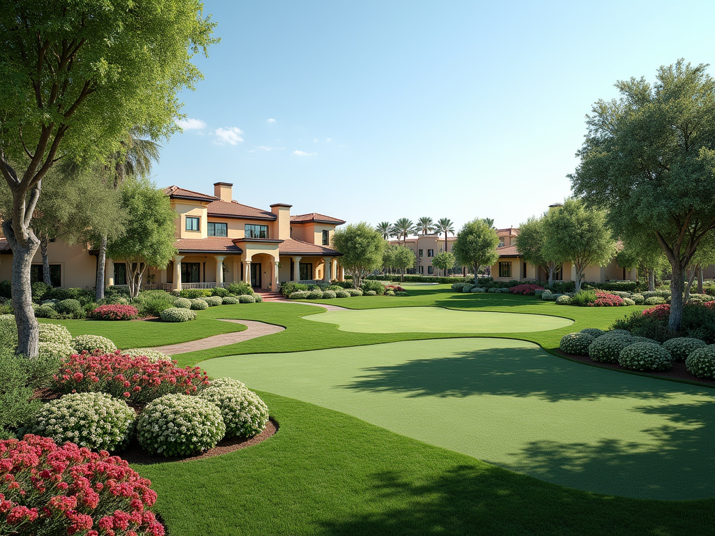 A beautiful golf course landscape with lush green lawns, colorful flower beds, and elegant buildings in the background.