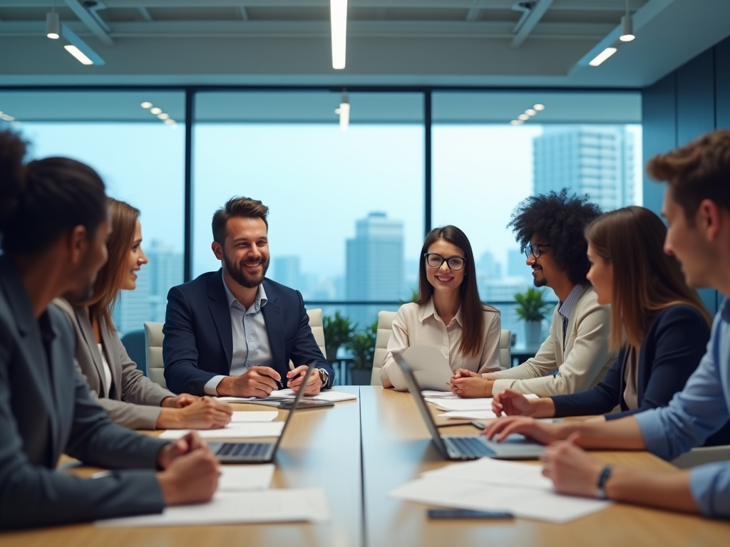 Diverse group of business professionals smiling during a meeting in a modern office with city view.