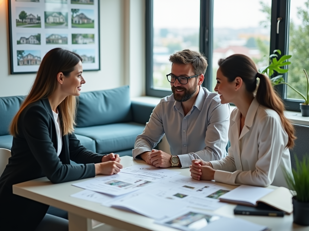 Three professionals engage in discussion at a table filled with documents in a bright, modern office setting.